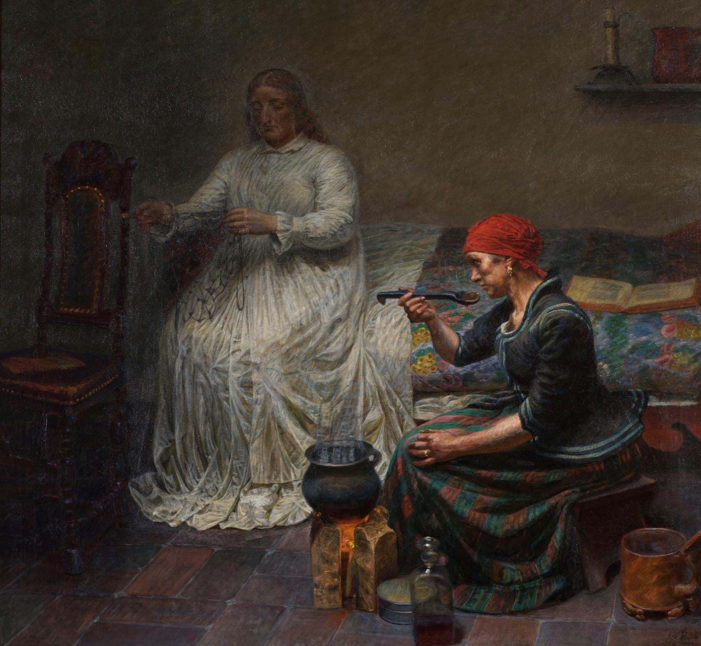 Leonora Christina i fængslet. Kvinden laver sig et øllebrød. Kristian Zahrtmann, 1896.